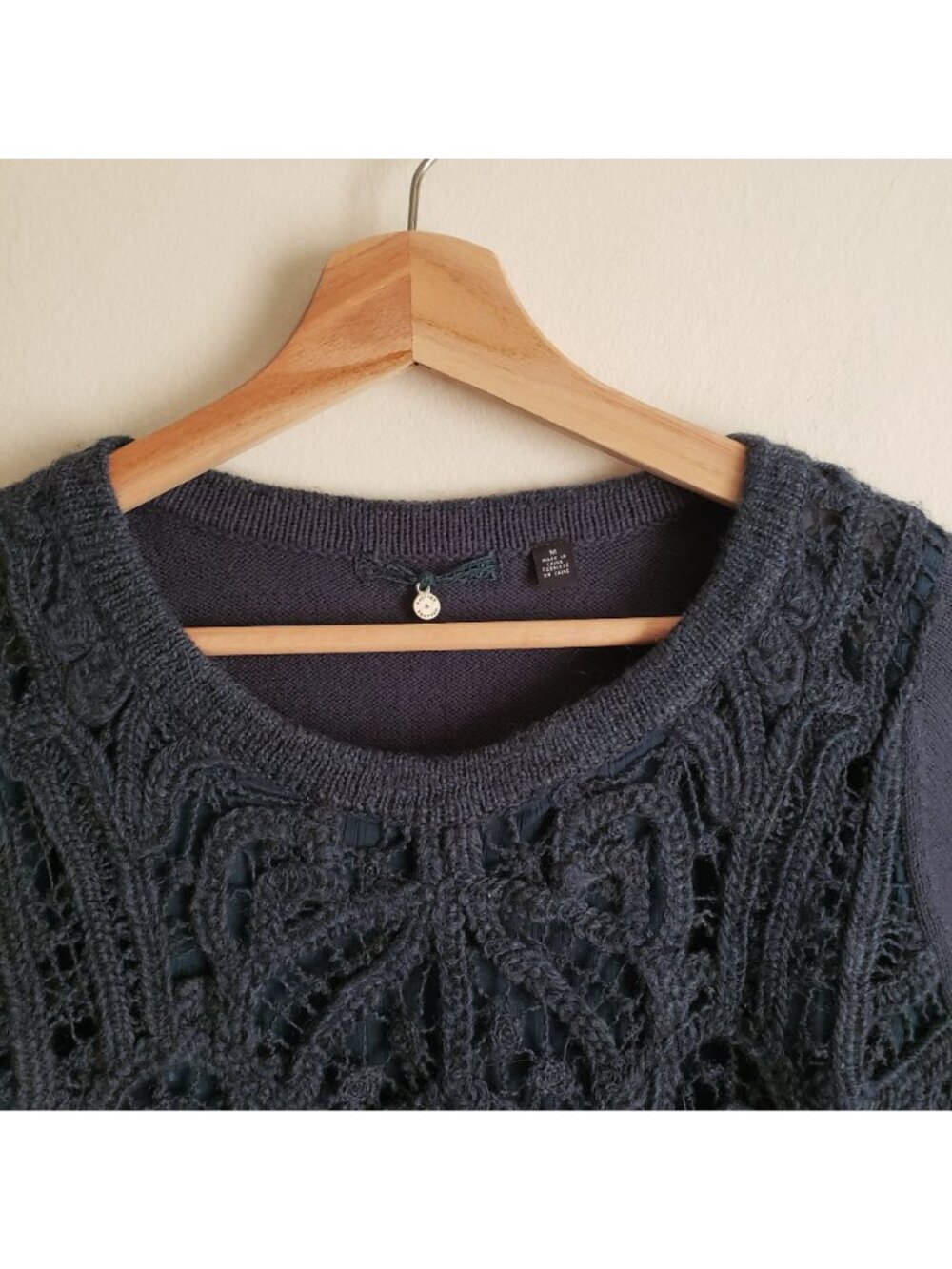Anthropologie Crochet Wool Sweater M Dark Blue w Intricate Lace Front Pullover - Picture 3 of 10